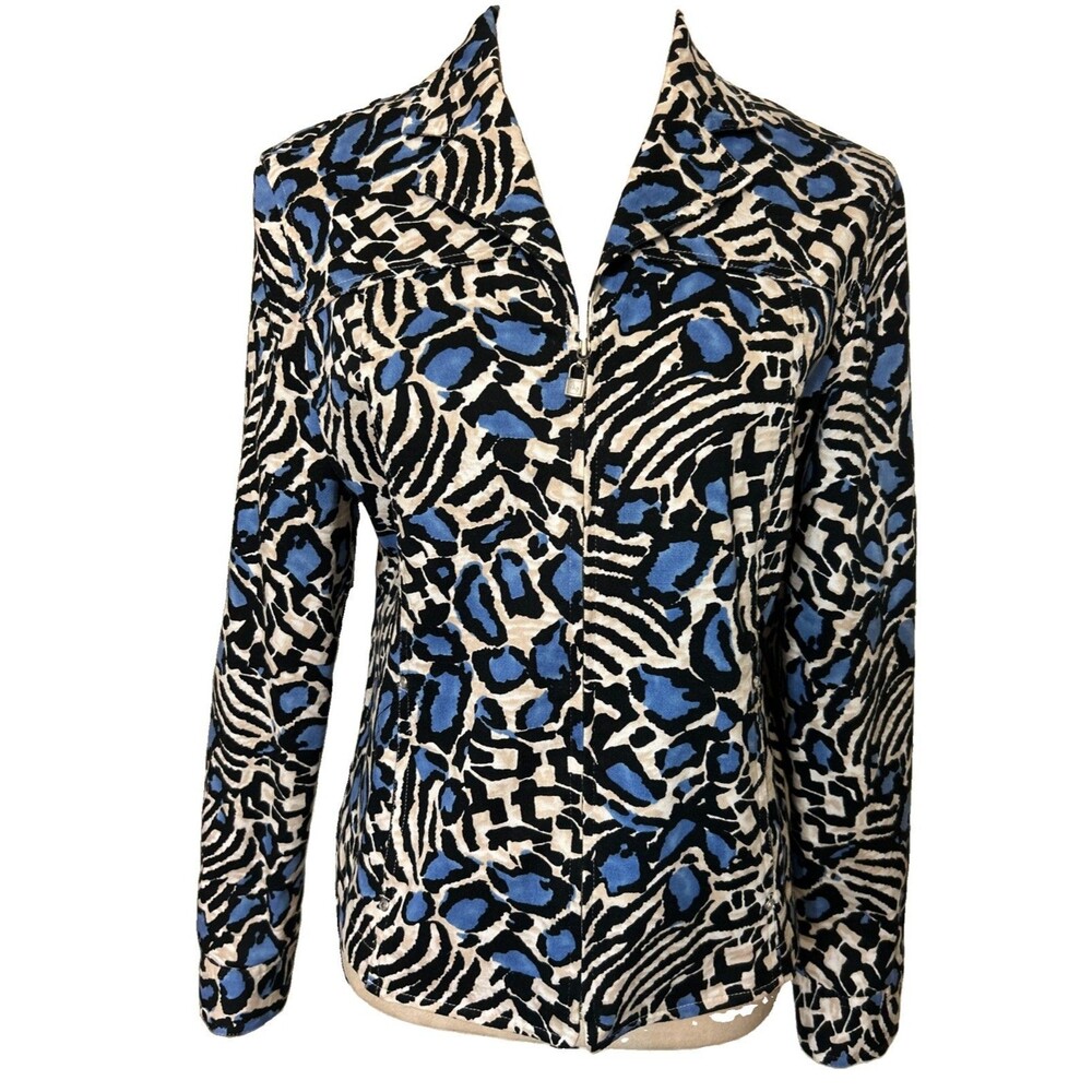 Peck & Peck Weekend Animal Print Full Zip Cotton Stretch Blue Black Blazer Sz 8